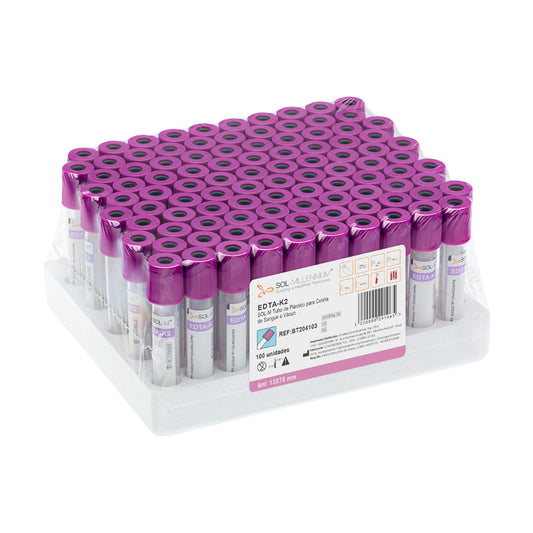 Tubo para Coleta de Sangue A Vácuo com K2 EDTA 4ml (13 x 75mm / Tampa Roxa) | SOL-M