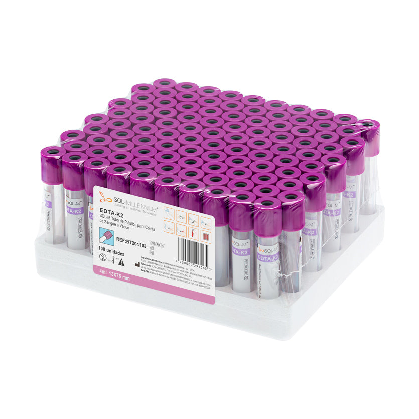 Tubo para Coleta de Sangue A Vácuo com K2 EDTA 4ml (13 x 75mm / Tampa Roxa) | SOL-M