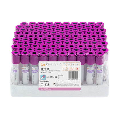 Tubo para Coleta de Sangue A Vácuo com K2 EDTA 4ml (13 x 75mm / Tampa Roxa) | SOL-M