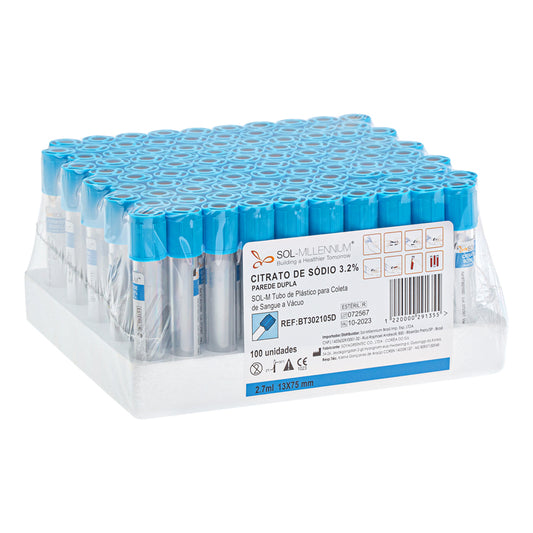 Tubo para Coleta de Sangue A Vácuo Parede Dupla com Citrato de Sódio 3,2% 2,7ml (13 x 75mm / Tampa Azul) | SOL-M