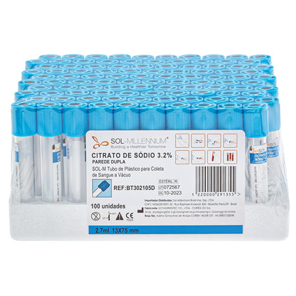 Tubo para Coleta de Sangue A Vácuo Parede Dupla com Citrato de Sódio 3,2% 2,7ml (13 x 75mm / Tampa Azul) | SOL-M
