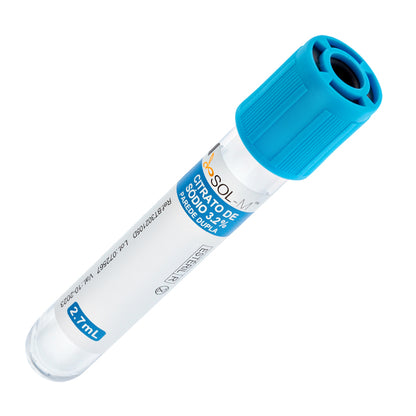 Tubo para Coleta de Sangue A Vácuo Parede Dupla com Citrato de Sódio 3,2% 2,7ml (13 x 75mm / Tampa Azul) | SOL-M