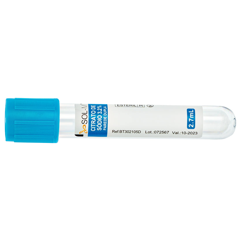 Tubo para Coleta de Sangue A Vácuo Parede Dupla com Citrato de Sódio 3,2% 2,7ml (13 x 75mm / Tampa Azul) | SOL-M
