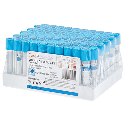 Tubo para Coleta de Sangue A Vácuo Parede Dupla com Citrato de Sódio 3,2% 2,7ml (13 x 75mm / Tampa Azul) | SOL-M