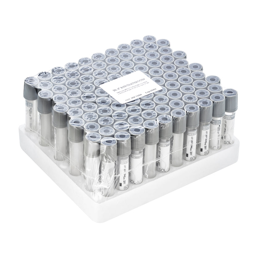 Tubo para Coleta de Sangue A Vácuo com Fluoreto de sódio + EDTA K3 2ml (13 x 75mm / Tampa Cinza) | SOL-M