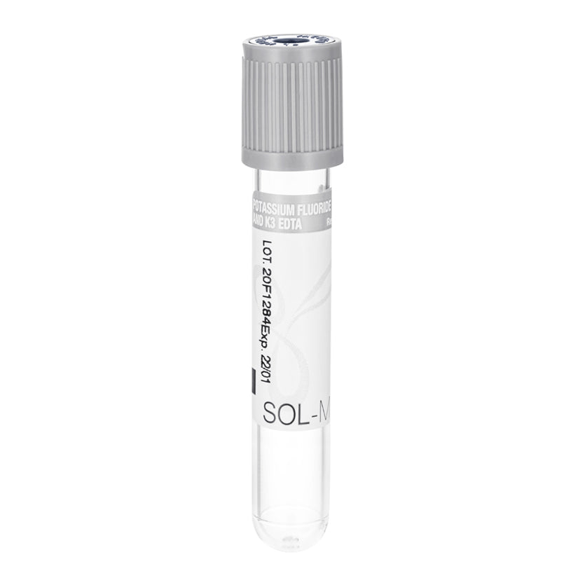 Tubo para Coleta de Sangue A Vácuo com Fluoreto de sódio + EDTA K3 2ml (13 x 75mm / Tampa Cinza) | SOL-M