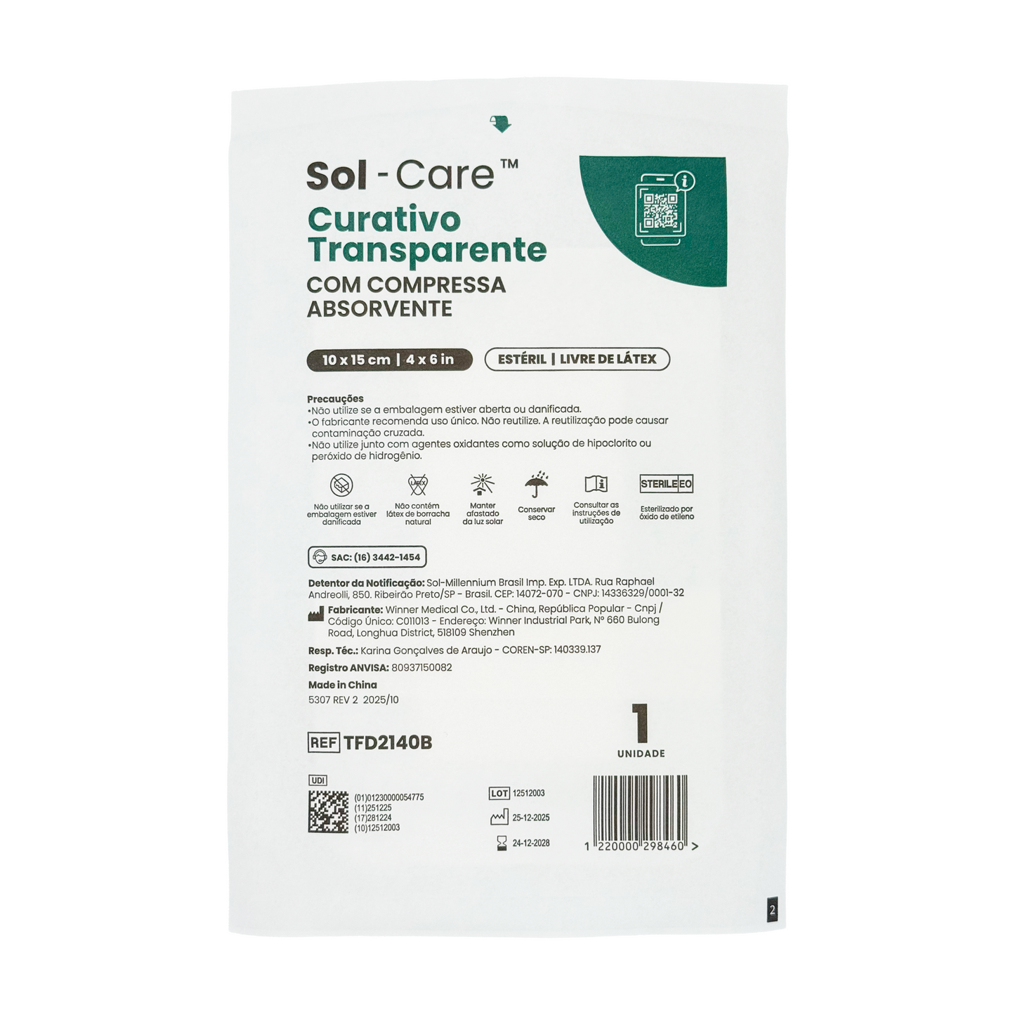 Curativo Transparente com Compressa Absorvente 10cm x 15cm | Sol-Care