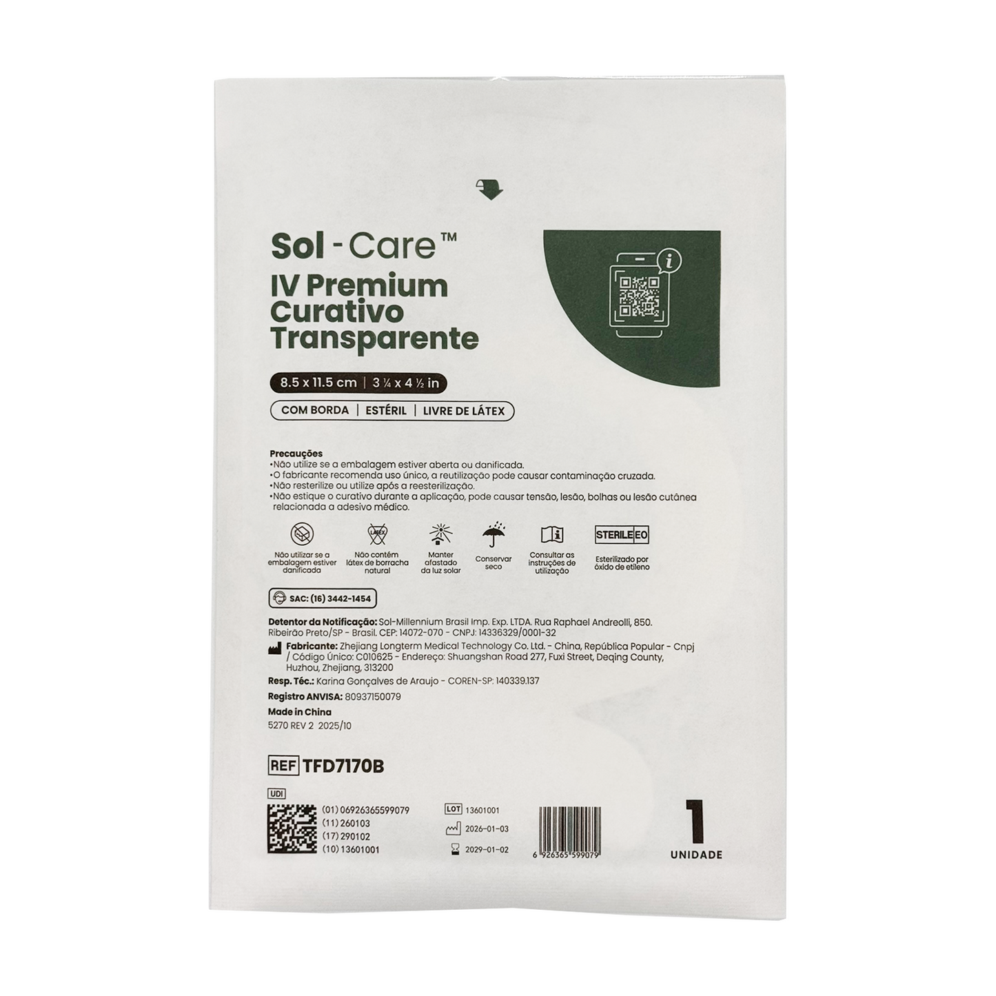 Curativo Transparente IV Premium 8.5 x 11.5 - Com Borda - Com Fenestra | Sol-Care